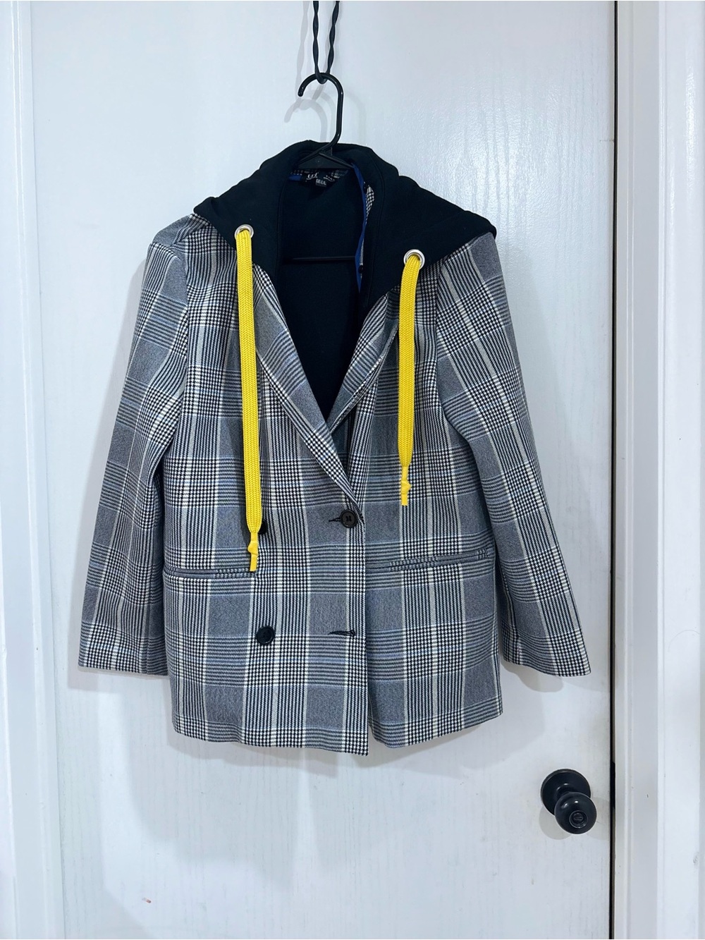 Zara women Retro Plaid Gray Hooded Blazer with Yellow Drawstrings